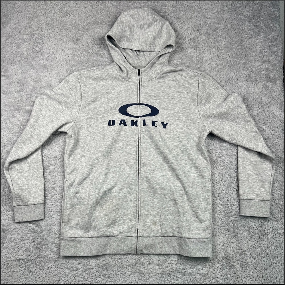 Oakley Full Zip Hoodie Mens XXL Grey Good Logo Fleece Regular Fit Sweatshirt